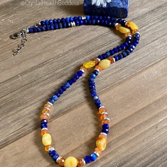 Lapis Lazuli Carnelian Baltic Amber Gemstone Necklace - Picture 5 of 6